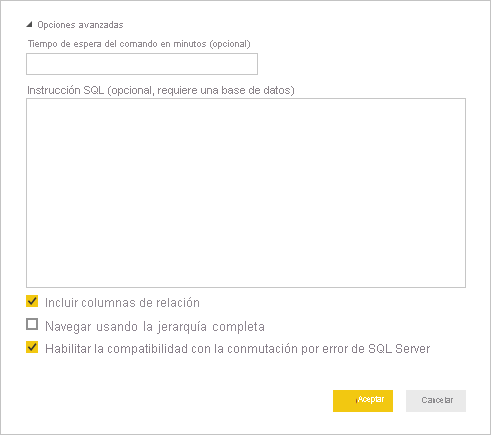 Captura de pantalla de las opciones avanzadas de SQL Server.