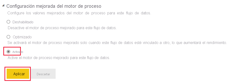 Captura de pantalla de la configuración del motor de cálculo mejorado con la opción encendida y el botón Aplicar resaltado.
