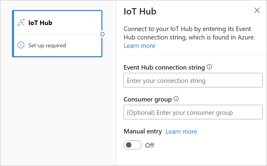  Captura de pantalla que muestra la tarjeta de IoT&nbsp;Hub y el panel de configuración en la vista de diagrama