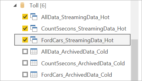 Captura de pantalla que muestra las tablas de salida de acceso frecuente seleccionadas para flujos de datos de streaming en Power&nbsp;BI Desktop.