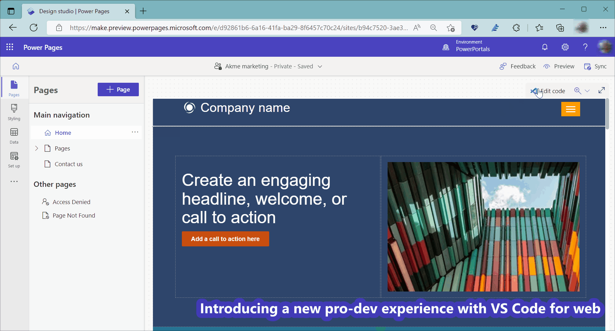 Demo de usar Visual Studio Code para web para editar Power Pages site.