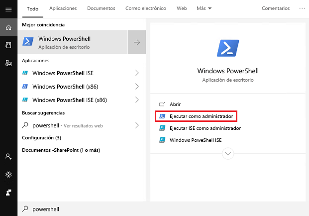 Captura de pantalla que muestra cómo ejecutar PowerShell como Administrador.