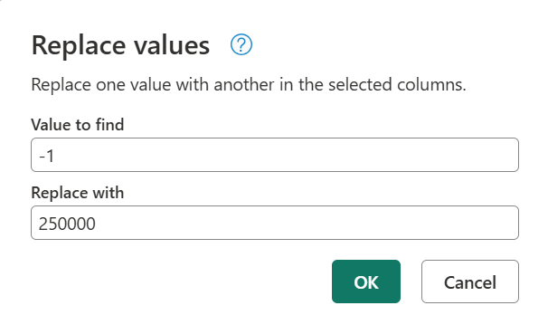 Captura de pantalla de los valores básicos Replace para una columna que no sea de texto.