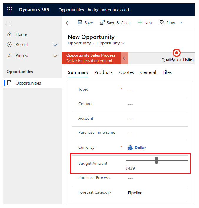 Control deslizante agregado al campo Importe del presupuesto en un formulario de la aplicación basada en modelo Control deslizante agregado al campo Importe del presupuesto en un formulario de la aplicación basada en modelo.