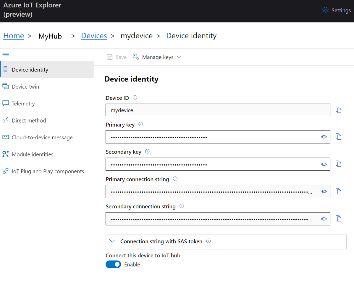 Recorte de pantalla de una identidad de dispositivo de Azure IoT Explorer.
