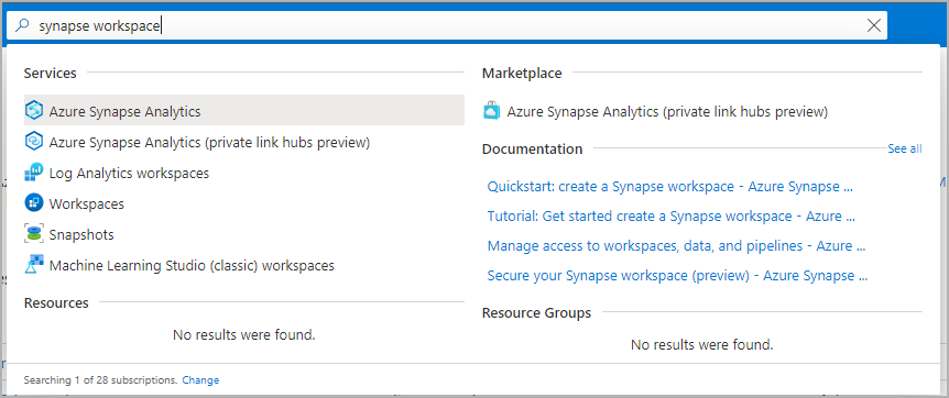Barra de búsqueda de Azure Portal con áreas de trabajo de Synapse introducidas.