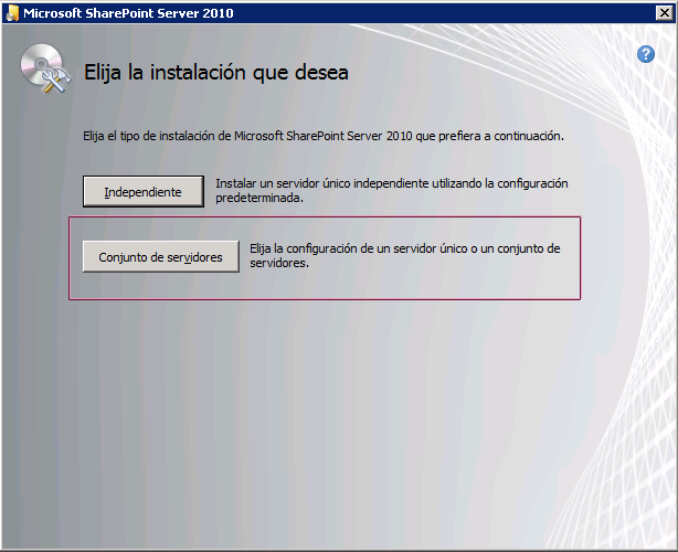 Cuadro de diálogo Tipo de instalación del programa de instalación de SharePoint