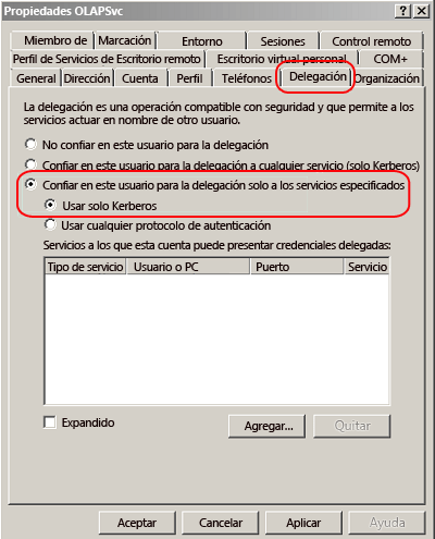 Página Propiedades de la cuenta de Active Directory