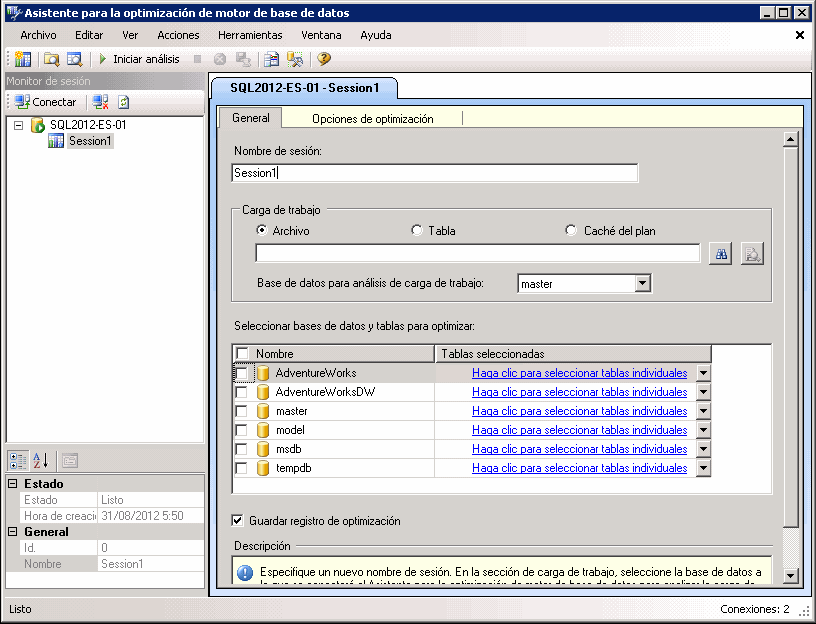 Ventana predeterminada del Asistente para la optimización de motor de base de datos