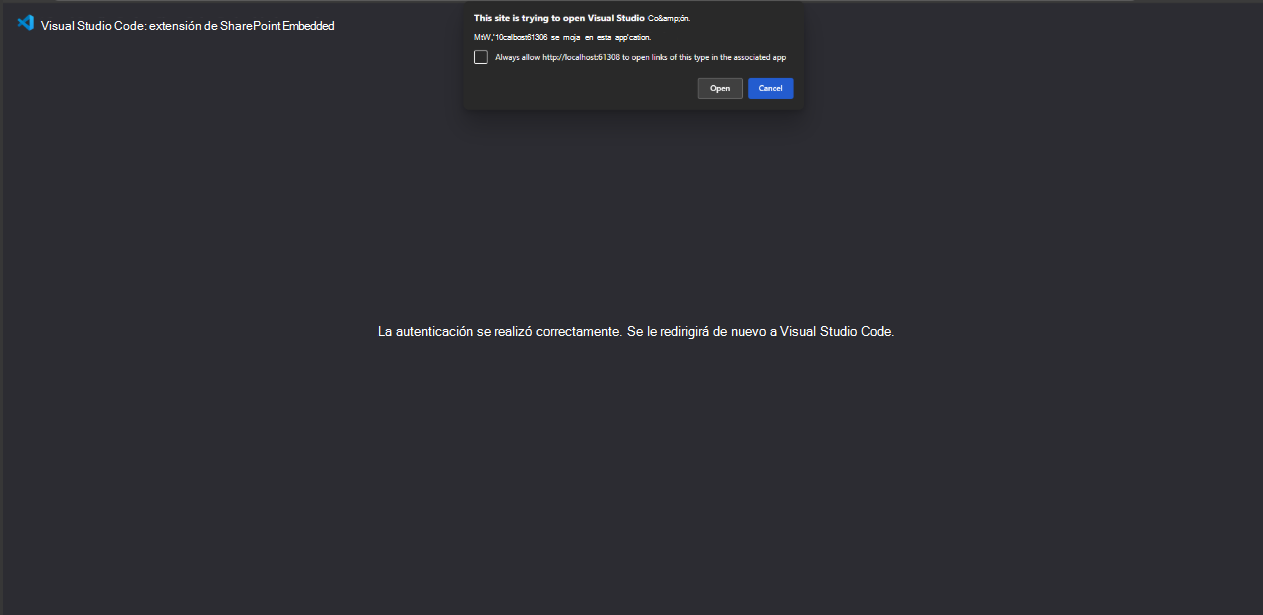 autorización completada en el explorador que ahora redirige a Visual Studio Code