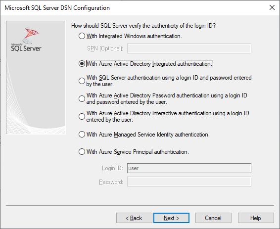 Pantalla para crear y editar DSN con la autenticación integrada de Microsoft Entra seleccionada.