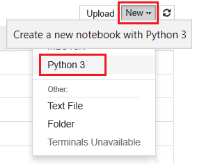 Captura de pantalla de un Jupyter Notebook con la selección Nuevo - Python&nbsp;3.
