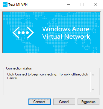 Captura de pantalla de la VPN MI de prueba que se conecta a la red virtual de Azure.