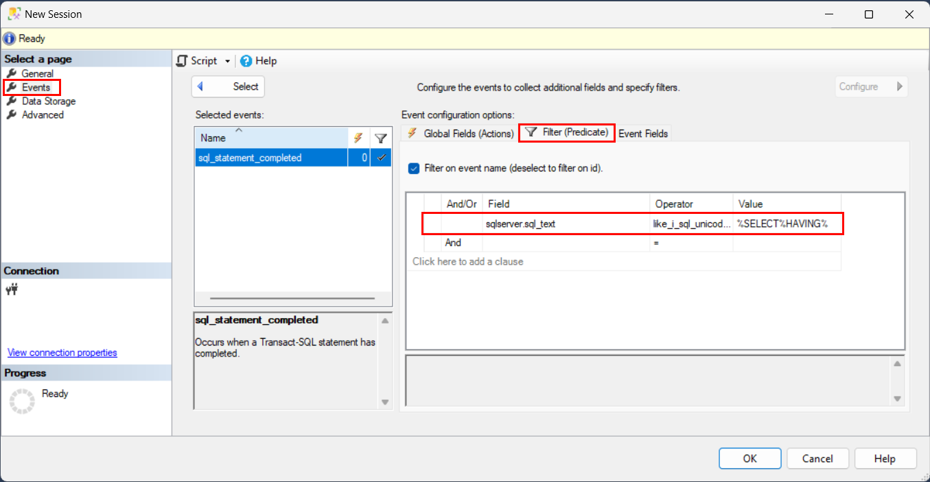 Captura de pantalla de Nueva sesión > Eventos > Configurar > Filtro (predicado) > Campo.