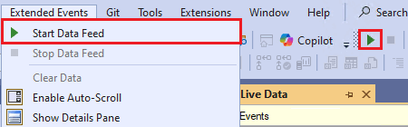 Captura de pantalla de la opción iniciar alimentación de datos en el menú de eventos extendidos de SSMS.