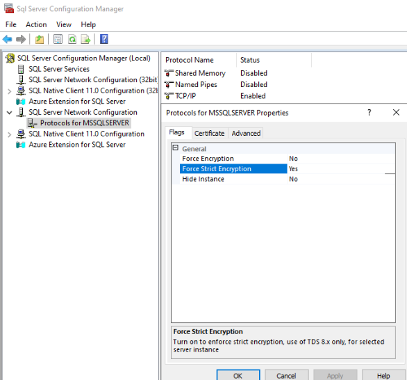Captura de pantalla de la opción Forzar cifrado estricto en el Administrador de configuración de SQL Server.