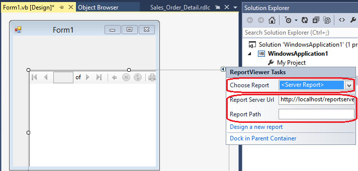 Captura de pantalla de la etiqueta inteligente ReportViewer Tasks, resaltando el informe del servidor.