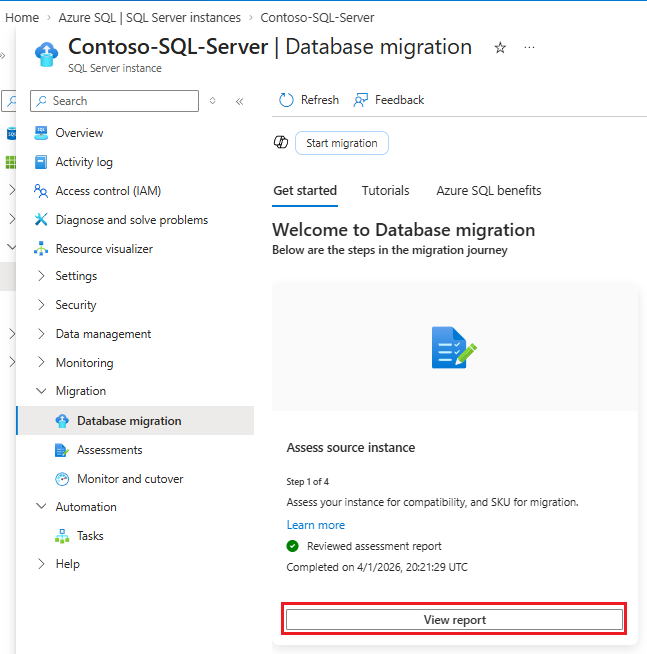 Captura de pantalla que muestra el panel de Migración de base de datos para la instancia de SQL Server en el portal de Azure, con Ver informe resaltado.