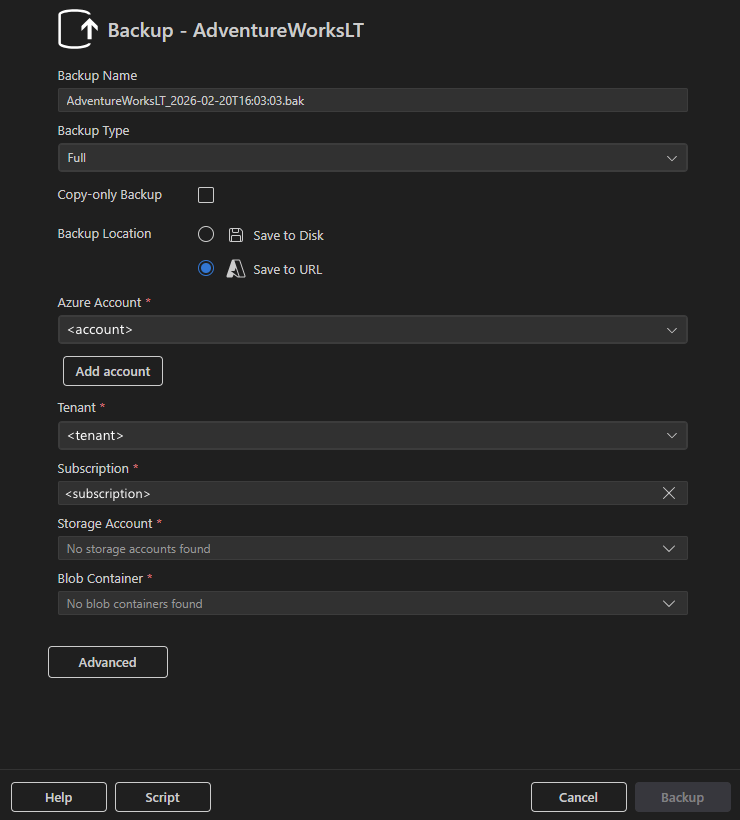 Captura de pantalla del cuadro de diálogo de copia de seguridad con la opción Guardar en URL seleccionada, mostrando los campos de configuración de Azure.