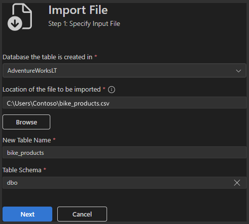 Captura de pantalla del Asistente para importar archivos paso 1 que muestra la configuración del archivo de entrada.