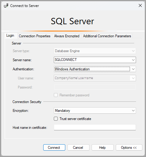 Captura de pantalla del cuadro de diálogo de conexión clásica para SQL Server.