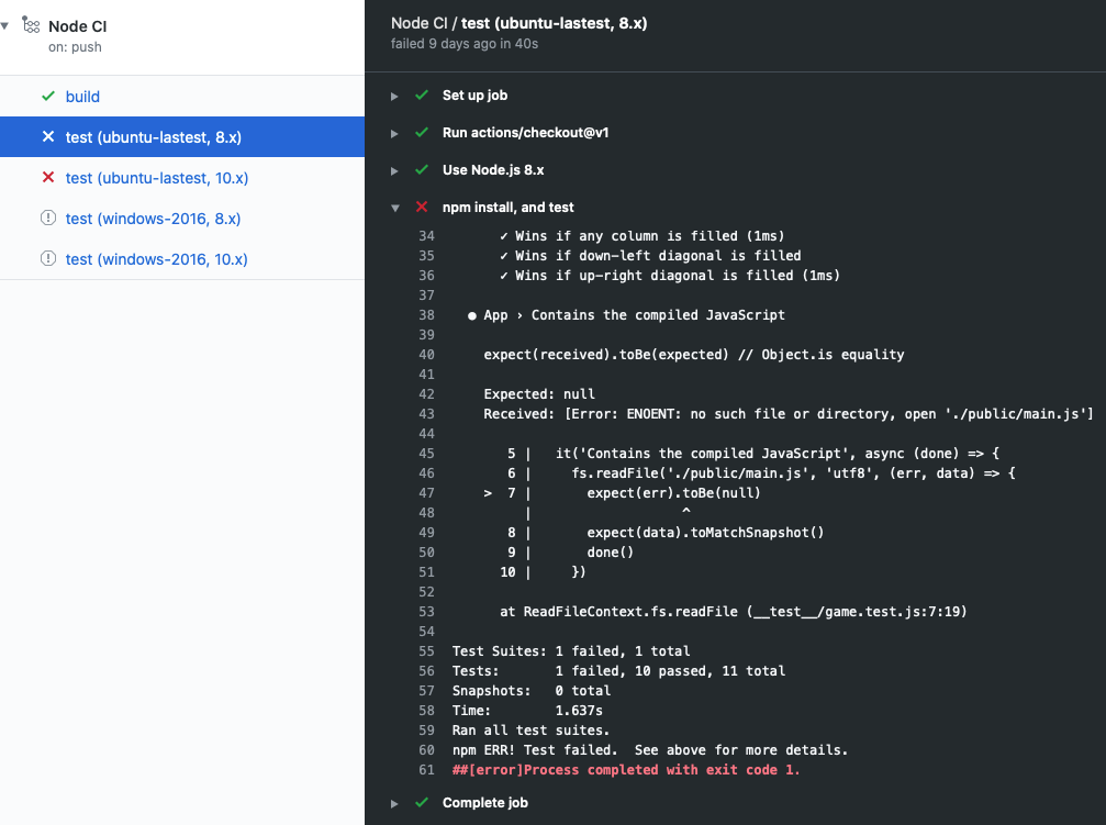 Captura de pantalla del registro de Acciones de GitHub con detalles sobre una prueba con errores.