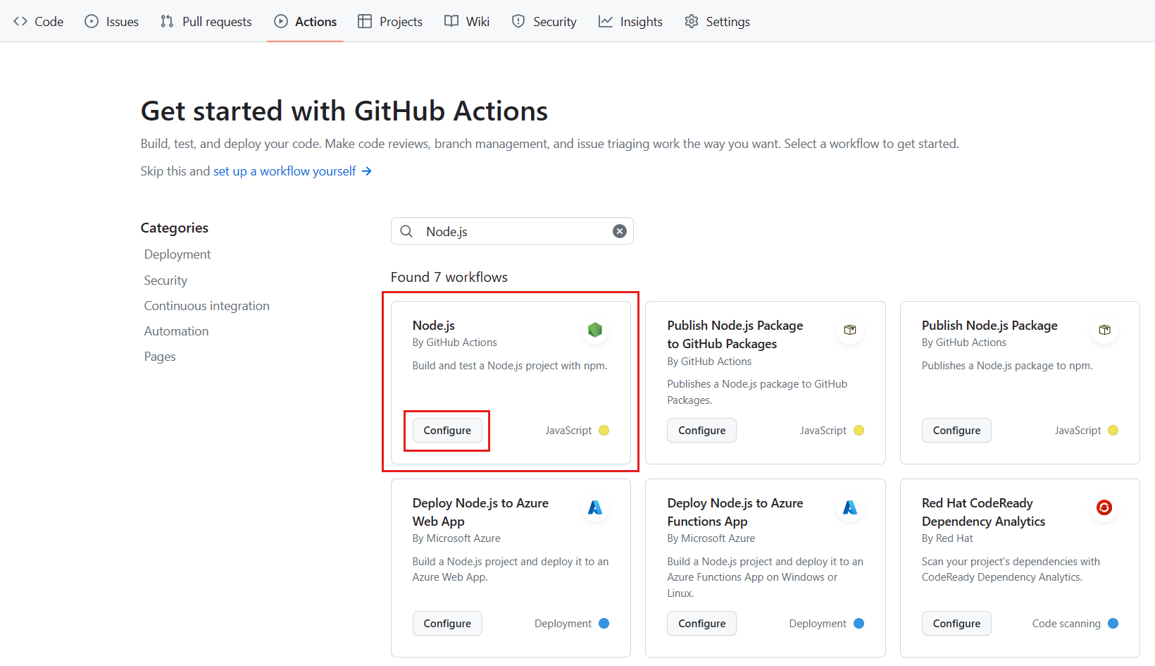 Captura de pantalla que muestra la pestaña Acciones de GitHub con el panel Node.js resaltado y el botón Configurar seleccionado.