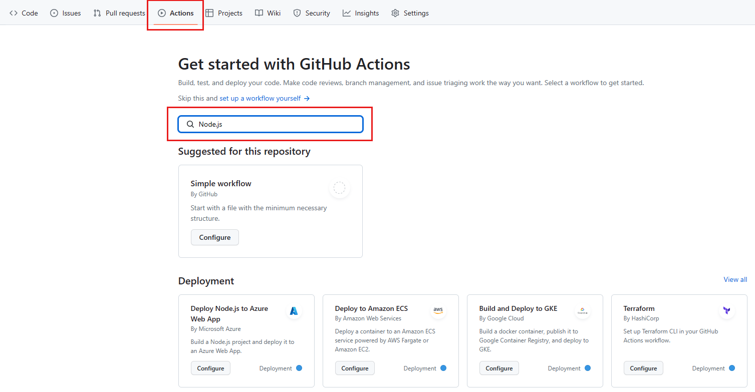 Captura de pantalla que muestra la pestaña Acciones de GitHub con el cuadro de búsqueda resaltado y con el texto Node.js.