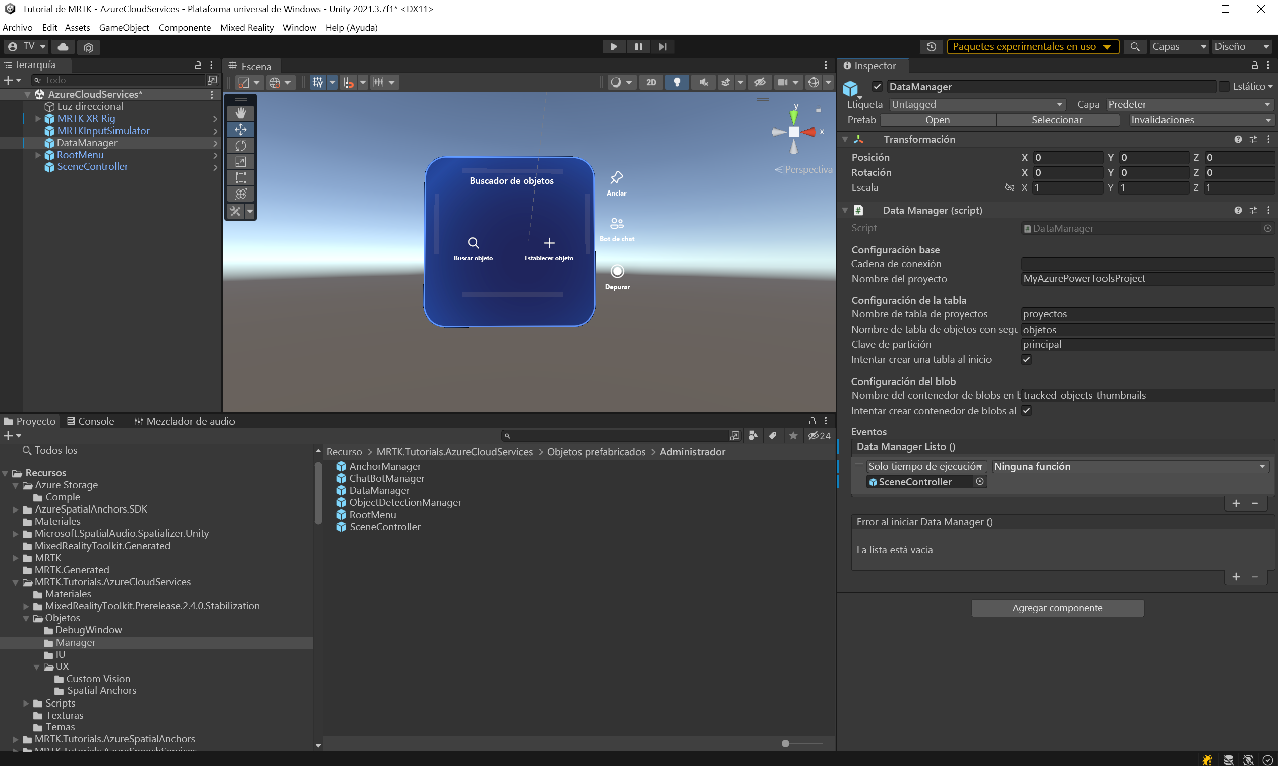 Captura de pantalla de Unity con el agente de escucha de eventos dataManager agregado.