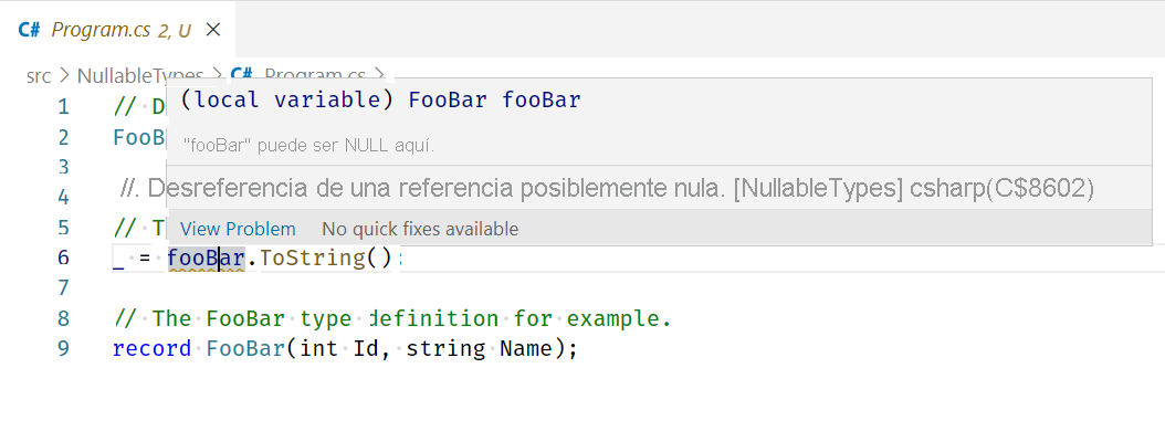 Captura de pantalla de advertencia de C# CS8602: Desreferencia de una referencia posiblemente nula.