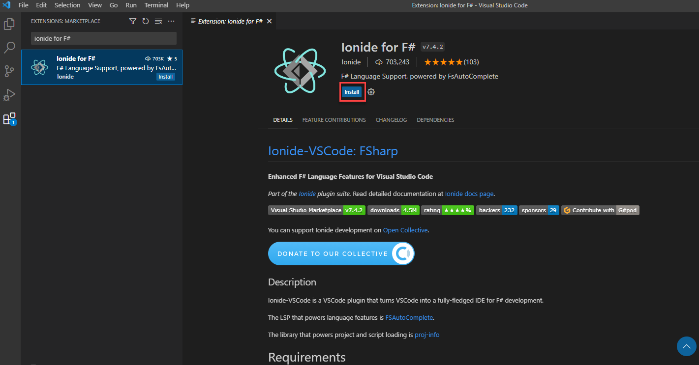 Captura de pantalla de la vista de extensiones de Visual Studio Code que muestra la página de instalación de la extensión Ionide de F# con un cuadro alrededor del botón Instalar.