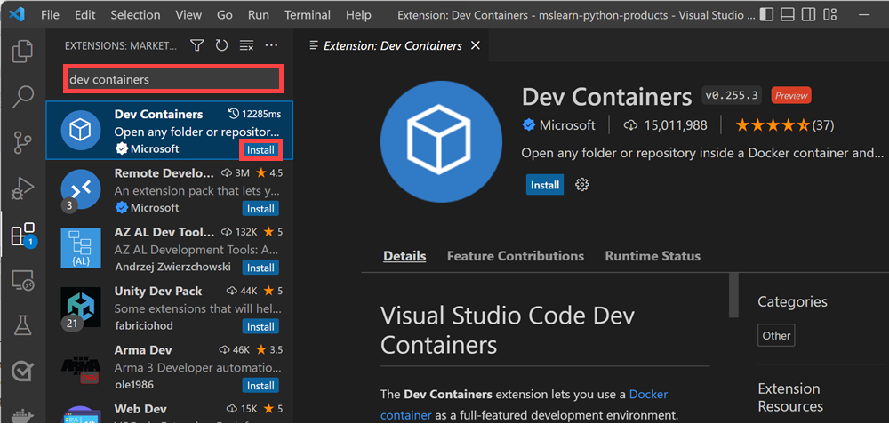 Captura de pantalla de la galería de extensiones de Visual Studio Code que muestra la extensión Dev Containers.