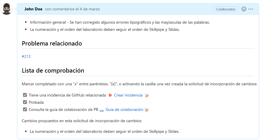 Recorte de pantalla de la apertura de una representación de solicitud de cambios con el campo de descripción, el problema relacionado y una plantilla de lista de comprobación.