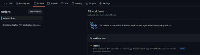 Captura de pantalla que muestra el flujo de trabajo de acción de GitHub.