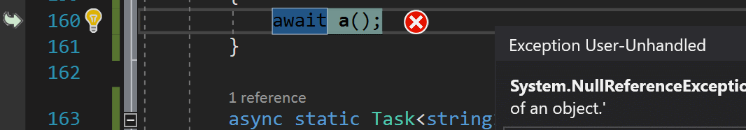 asistente de excepciones junto a una línea de código