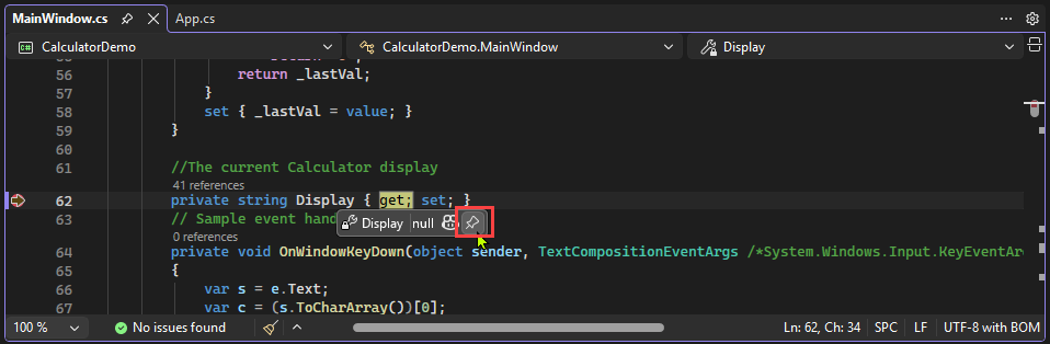 Screenshot que muestra cómo anclar una sugerencia de datos en Visual Studio.