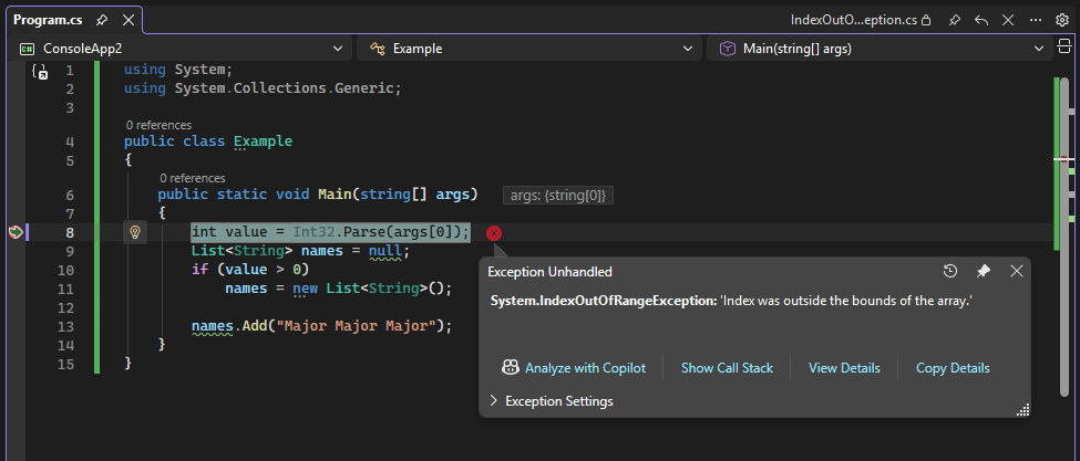 Captura de pantalla del botón Preguntar Copilot en una excepción.