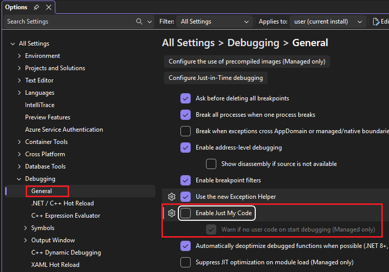 Captura de pantalla de los ajustes de depuración de Visual Studio.