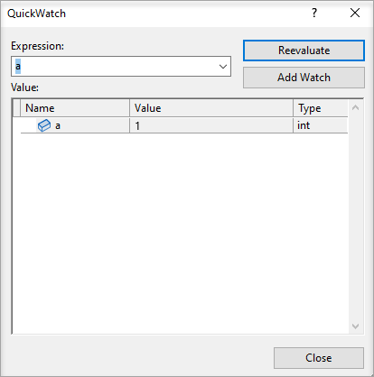 Captura de pantalla de la variable QuickWatch.