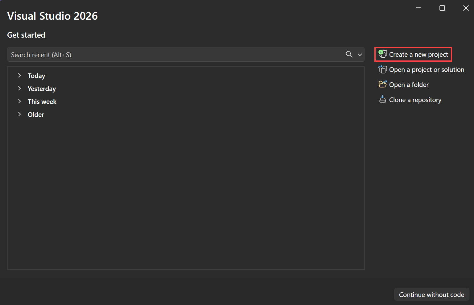 Captura de pantalla que muestra la opción Crear un nuevo proyecto en la ventana de inicio de Visual Studio.