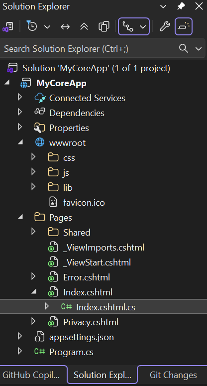 Captura de pantalla que muestra la carpeta raíz w w seleccionada en el Explorador de soluciones en Visual Studio.