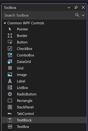 Captura de pantalla de la ventana Cuadro de herramientas con el control TextBlock seleccionado en la lista de controles comunes de WPF.