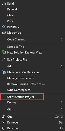 Captura de pantalla que muestra cómo establecer el proyecto de inicio.
