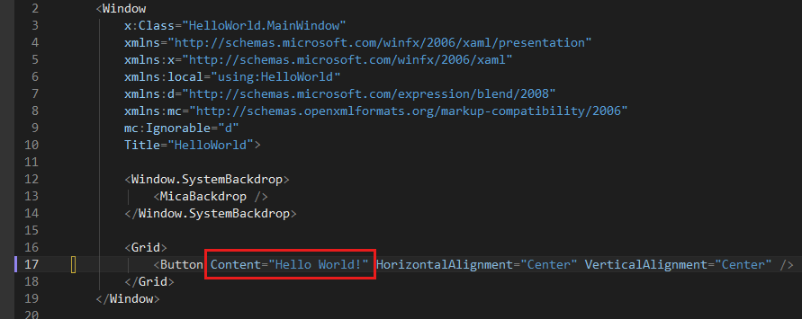 Captura de pantalla que muestra el código XAML del botón en el editor XAML, con el valor de la propiedad Content cambiada a Hello World.