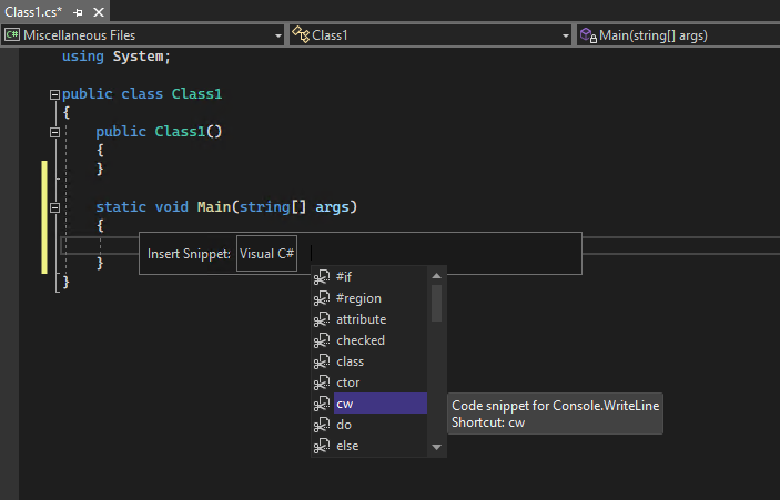 Captura de pantalla de un elemento emergente de IntelliSense para una lista de fragmentos de código de C#.