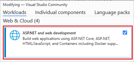 Captura de pantalla que muestra la modificación de una carga de trabajo en el Instalador de Visual Studio.