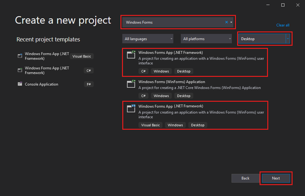 Captura de pantalla que muestra el cuadro de diálogo Crear un nuevo proyecto en Visual Studio 2022 con el cuadro de búsqueda, la lista Tipo de proyecto y dos plantillas resaltadas.