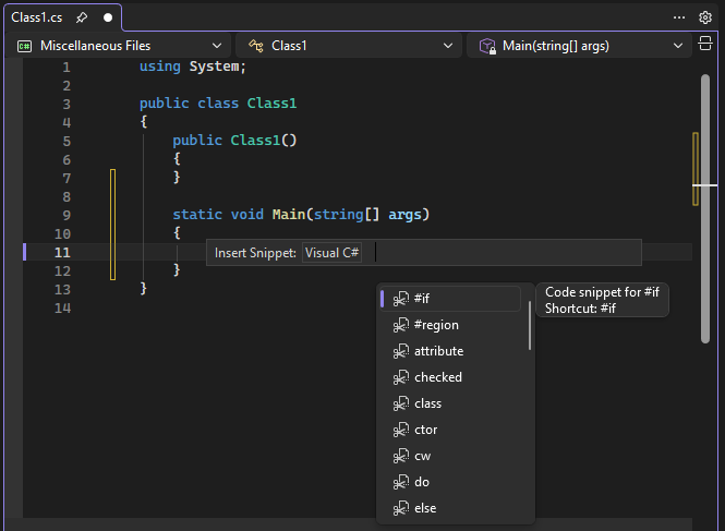 Captura de pantalla de un elemento emergente de IntelliSense de una lista de fragmentos de código de C#.