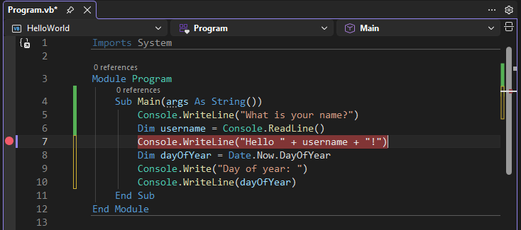 Screenshot que muestra un punto de interrupción en una línea de código en Visual Studio.