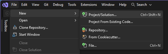 Captura de pantalla de la selección de Archivo > Nuevo > Proyecto desde la barra de menú de Visual Studio.